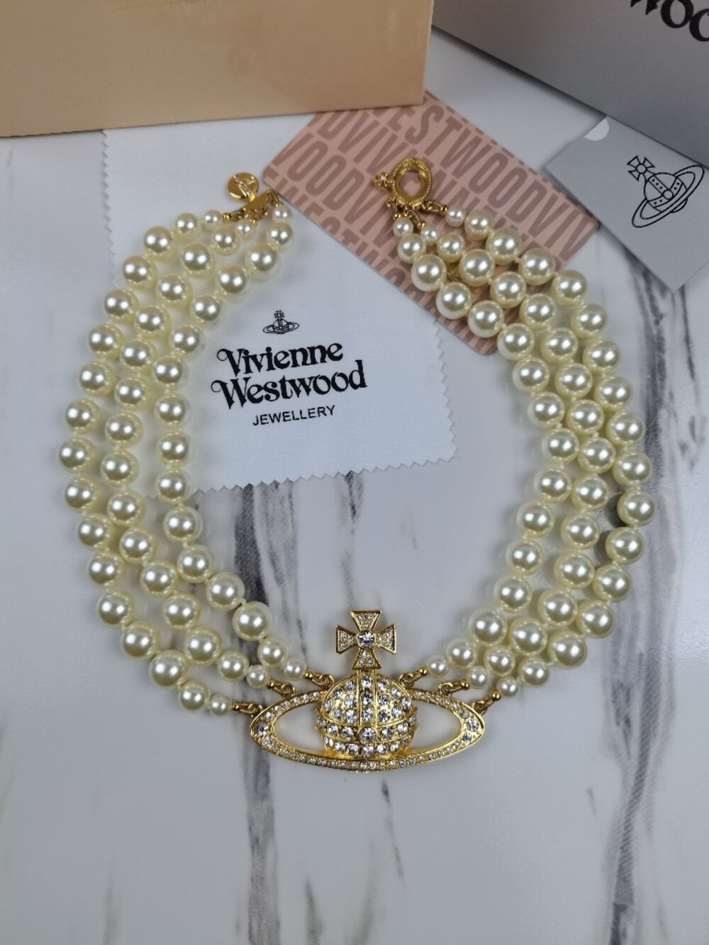 Vivienne Westwood Three Row Pearl Gold Bas Relief Choker